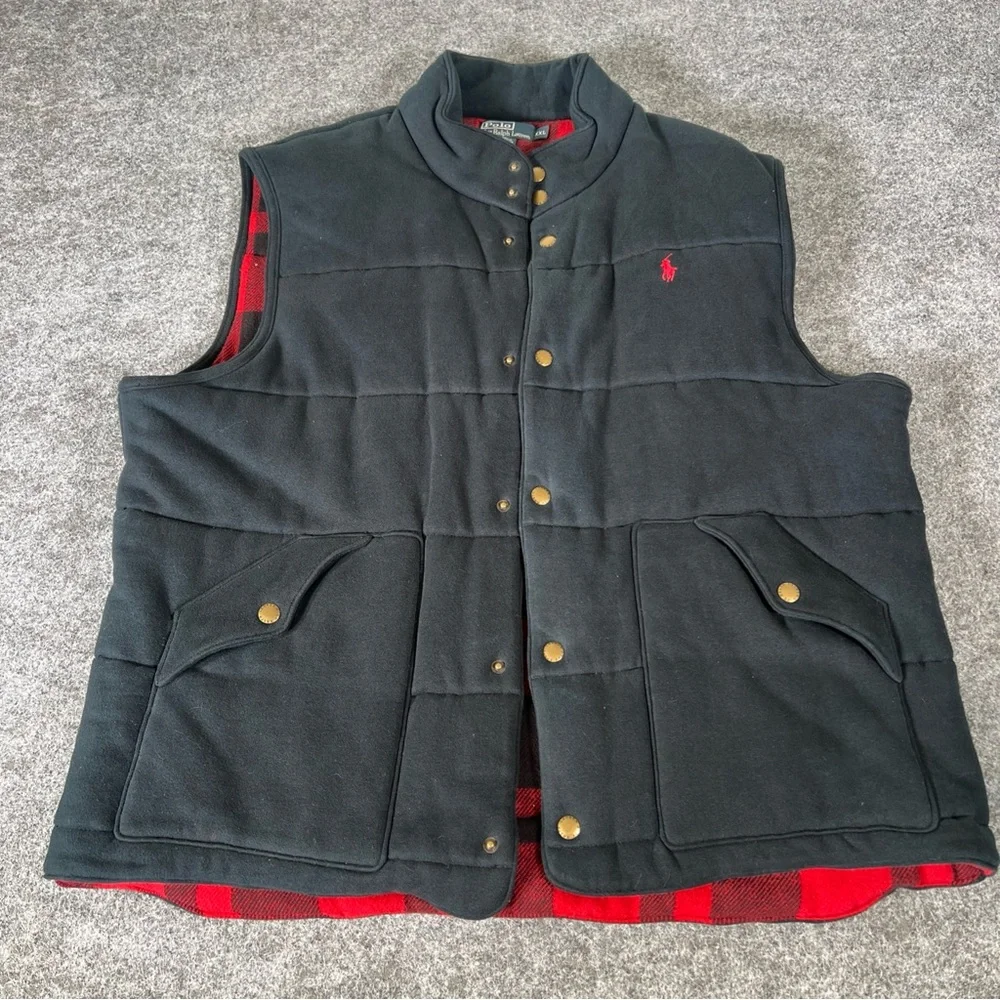 Polo‎ Ralph Lauren Vest Mens 2XL Black Quilted Flannel Lined Button Up Vintage